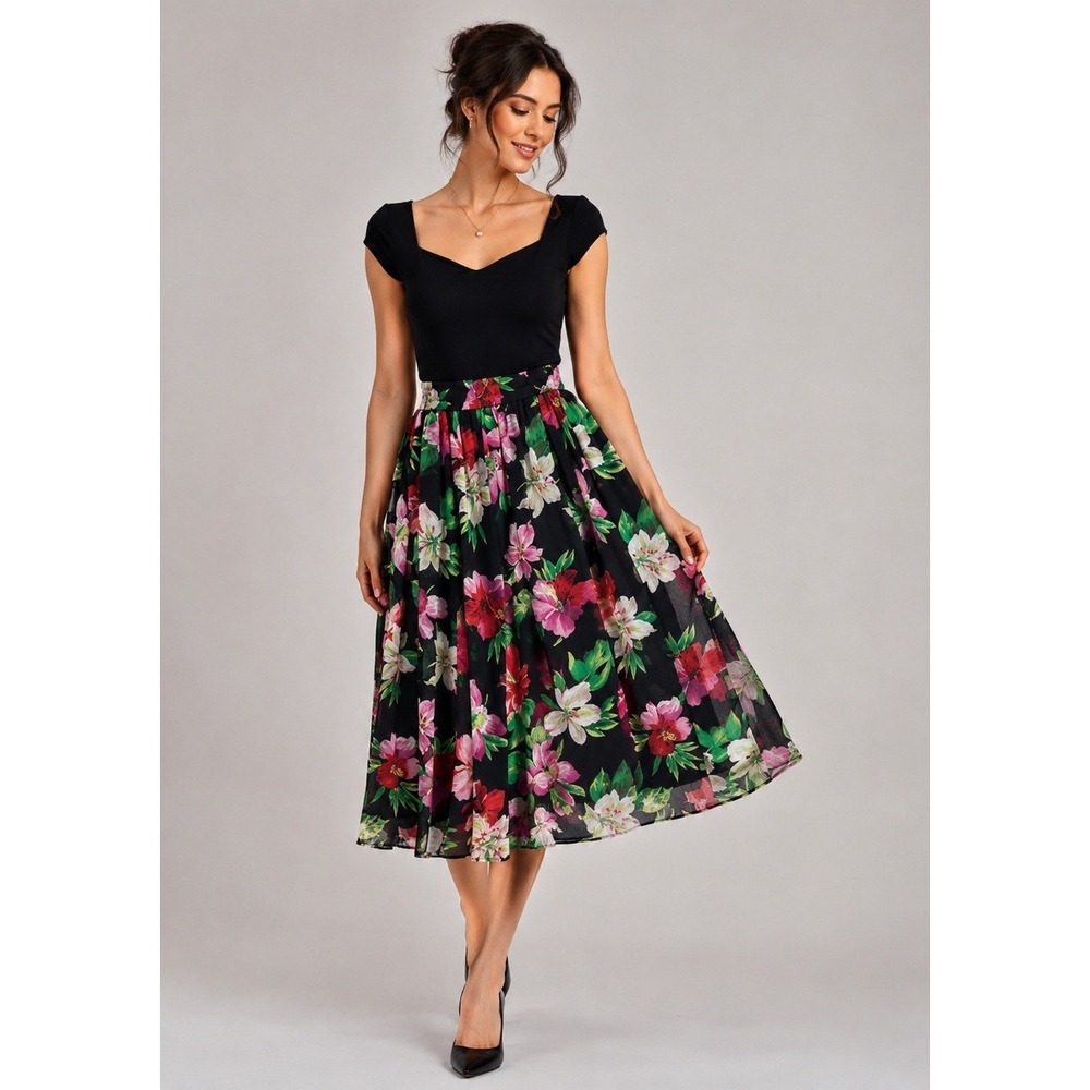 Vintage Gianni Petite Midi Skirt Women Medium‎ Black Floral Elastic Waist